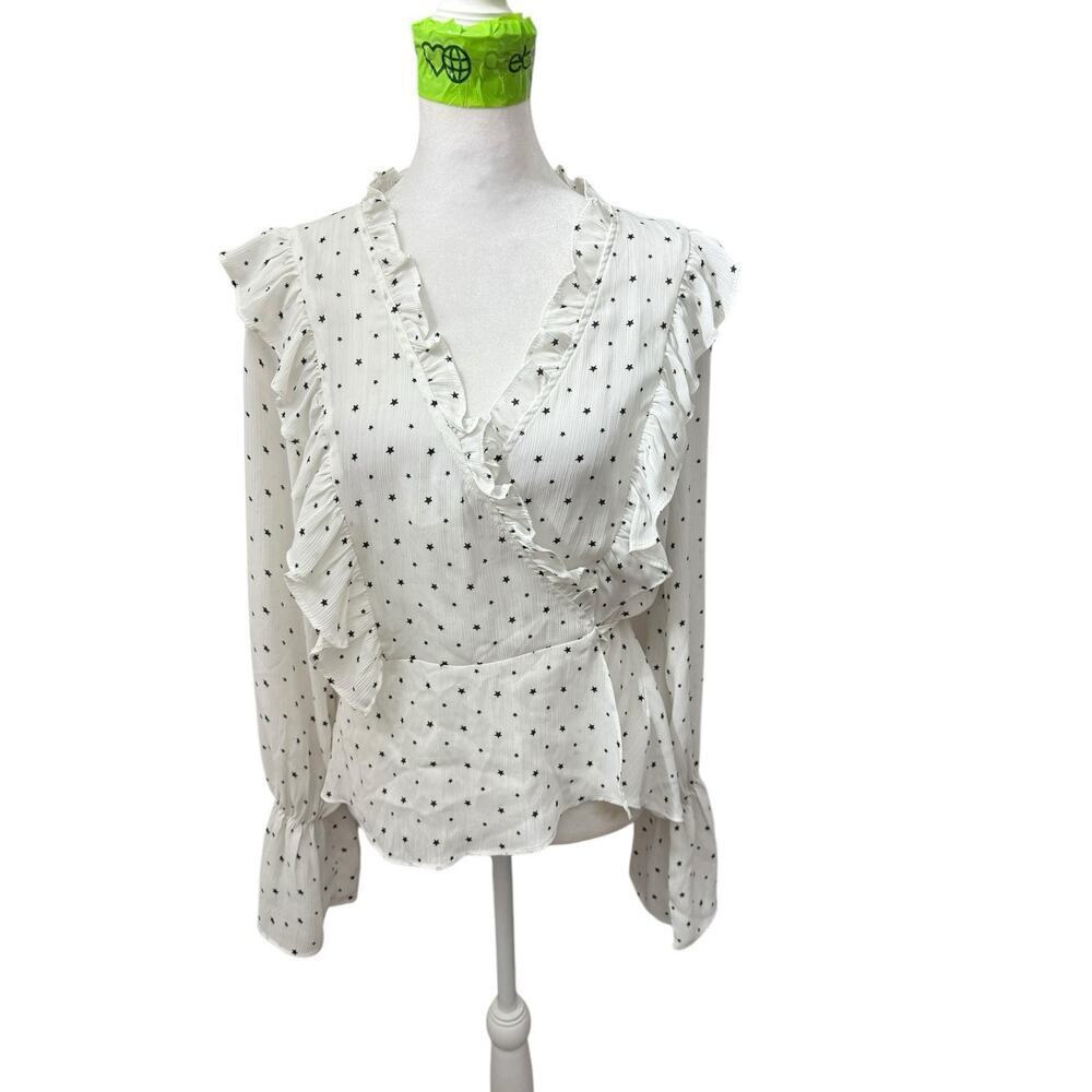 Market Long Sleeve Ruffle Front And Back Shirred White Stars Blouse Size L
